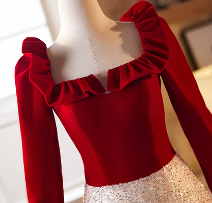 Attractive A-Line Ruffles Square Neck Sweet 16th Dresses Long Sleeve Sequins Tulle Prom Dress AP5226