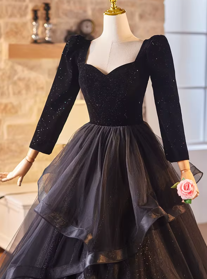 Sexy A-Line Sweetheart Neck Black Sweet 16th Dresses Sequins Long Sleeve Ruffled Tulle Prom Dress AP5227
