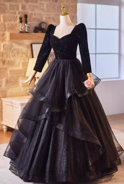Sexy A-Line Sweetheart Neck Black Sweet 16th Dresses Sequins Long Sleeve Ruffled Tulle Prom Dress AP5227