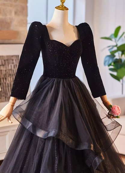 Sexy A-Line Sweetheart Neck Black Sweet 16th Dresses Sequins Long Sleeve Ruffled Tulle Prom Dress AP5227