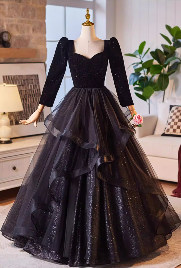 Sexy A-Line Sweetheart Neck Black Sweet 16th Dresses Sequins Long Sleeve Ruffled Tulle Prom Dress AP5227