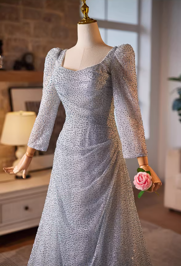 Vogue A-Line Square Neck Sweet 16th Dresses Long Sleeve Sequins Draped Prom Dress AP5228