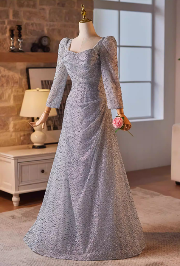 Vogue A-Line Square Neck Sweet 16th Dresses Long Sleeve Sequins Draped Prom Dress AP5228