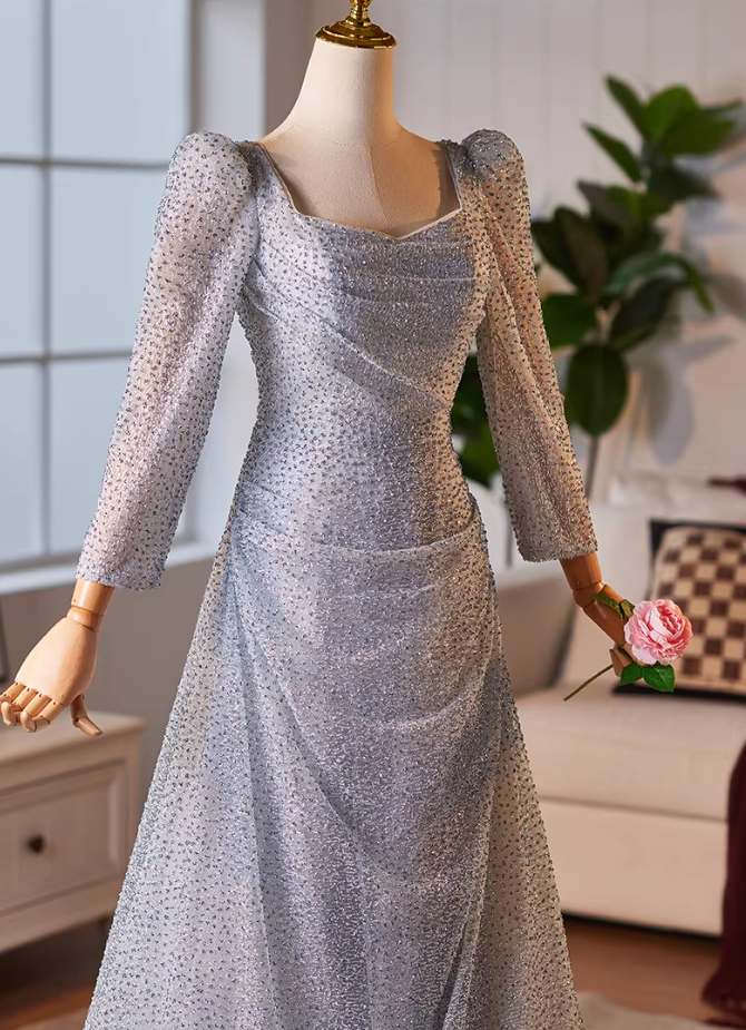 Vogue A-Line Square Neck Sweet 16th Dresses Long Sleeve Sequins Draped Prom Dress AP5228