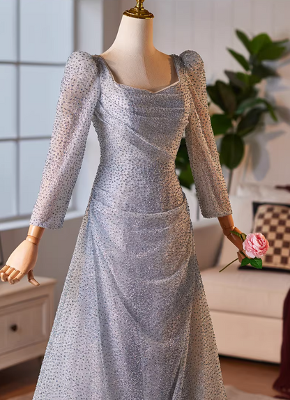Vogue A-Line Square Neck Sweet 16th Dresses Long Sleeve Sequins Draped Prom Dress AP5228