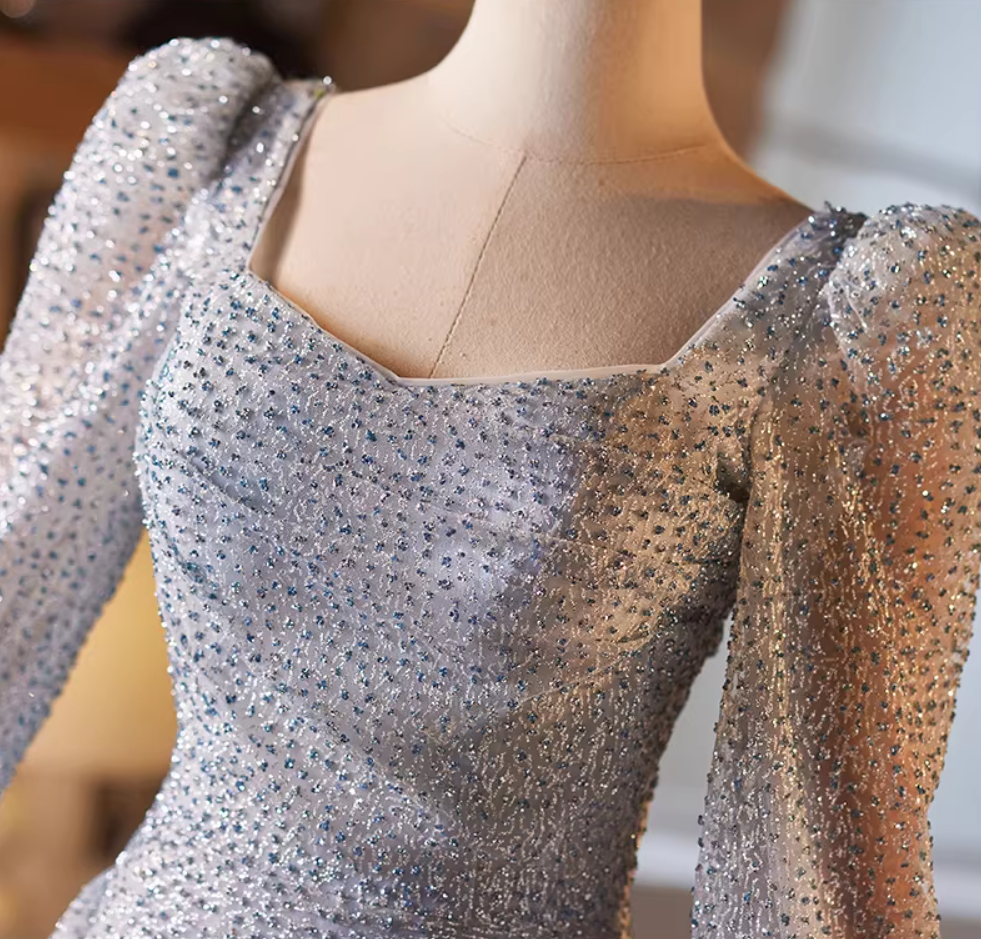 Vogue A-Line Square Neck Sweet 16th Dresses Long Sleeve Sequins Draped Prom Dress AP5228