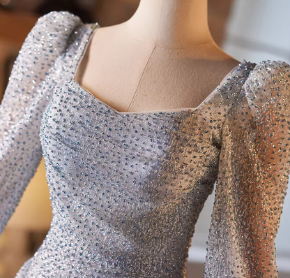 Vogue A-Line Square Neck Sweet 16th Dresses Long Sleeve Sequins Draped Prom Dress AP5228