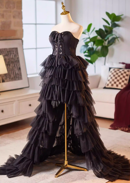 Glittering Strapless A-Line Tiered Sweet 16th Gowns Sequins Black Tulle High-Slit Prom Dress AP5229