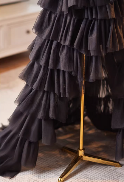 Glittering Strapless A-Line Tiered Sweet 16th Gowns Sequins Black Tulle High-Slit Prom Dress AP5229