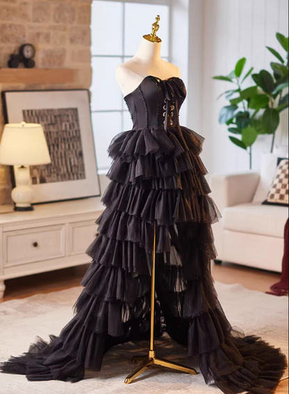 Glittering Strapless A-Line Tiered Sweet 16th Gowns Sequins Black Tulle High-Slit Prom Dress AP5229