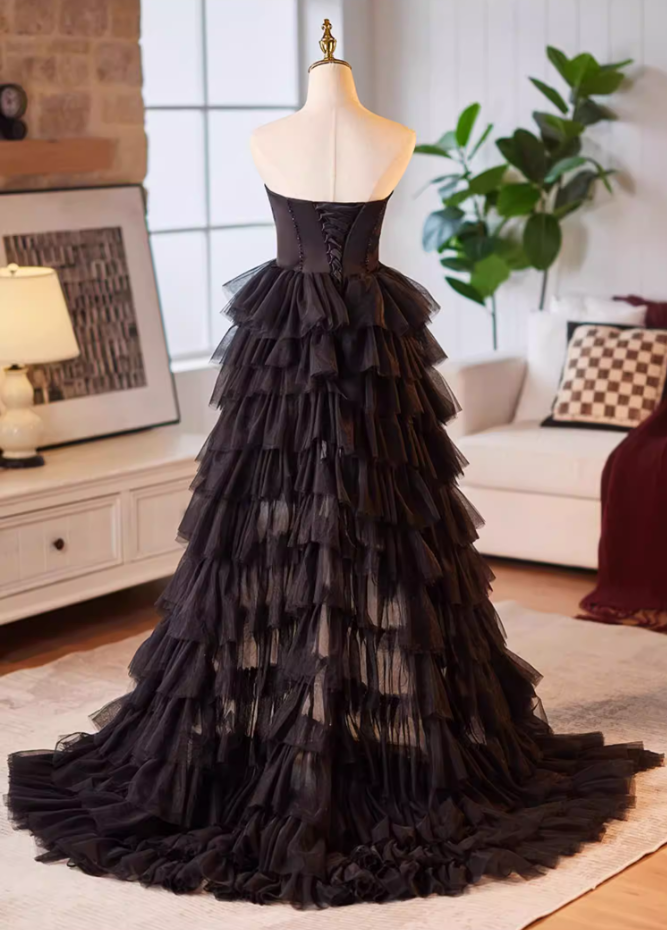 Glittering Strapless A-Line Tiered Sweet 16th Gowns Sequins Black Tulle High-Slit Prom Dress AP5229
