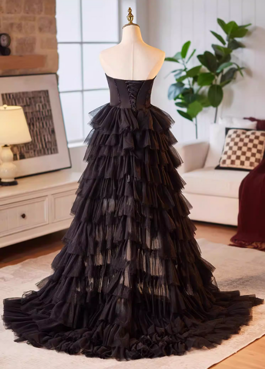 Glittering Strapless A-Line Tiered Sweet 16th Gowns Sequins Black Tulle High-Slit Prom Dress AP5229