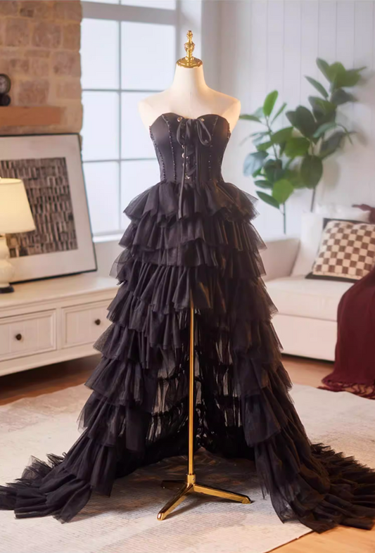 Glittering Strapless A-Line Tiered Sweet 16th Gowns Sequins Black Tulle High-Slit Prom Dress AP5229