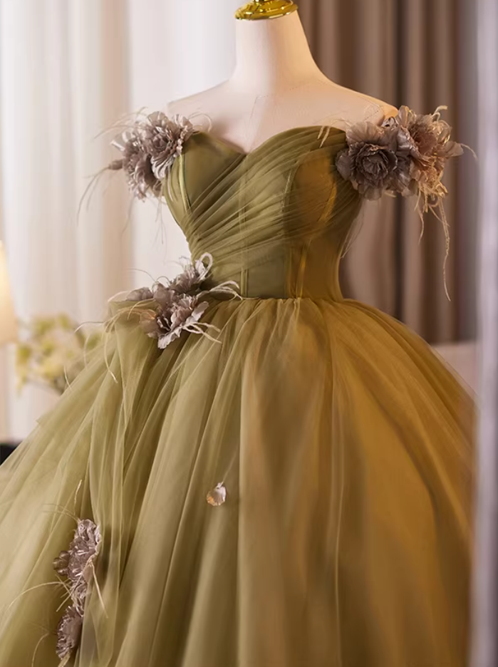 Modern Off-Shoulder A-Line Tulle Sweet 16th Dresses Handmade Flowers Prom Dress AP5230