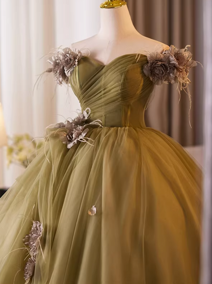 Modern Off-Shoulder A-Line Tulle Sweet 16th Dresses Handmade Flowers Prom Dress AP5230