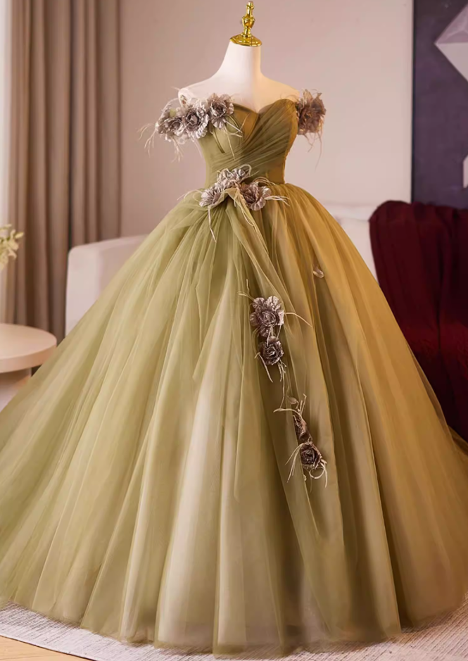 Modern Off-Shoulder A-Line Tulle Sweet 16th Dresses Handmade Flowers Prom Dress AP5230