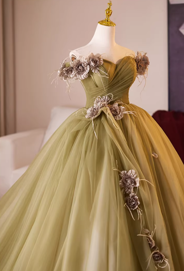 Modern Off-Shoulder A-Line Tulle Sweet 16th Dresses Handmade Flowers Prom Dress AP5230