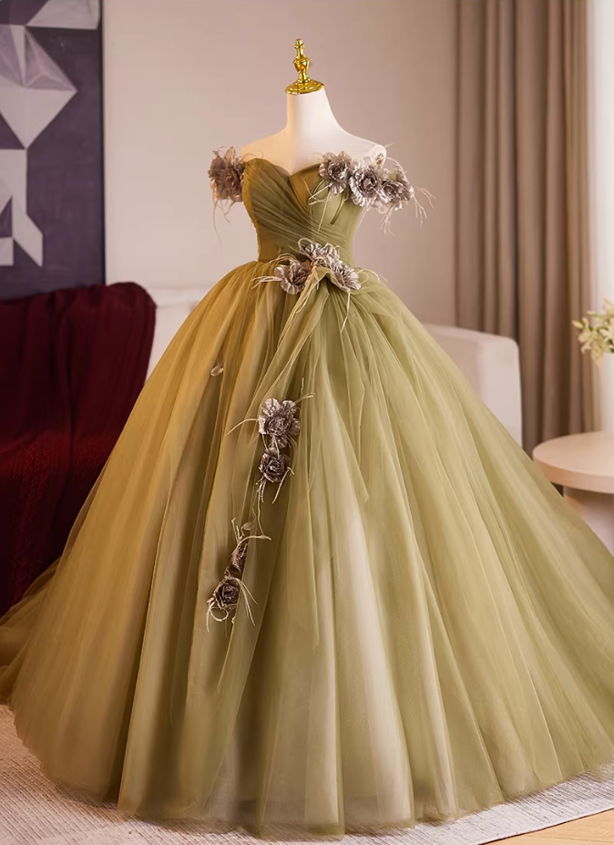 Modern Off-Shoulder A-Line Tulle Sweet 16th Dresses Handmade Flowers Prom Dress AP5230