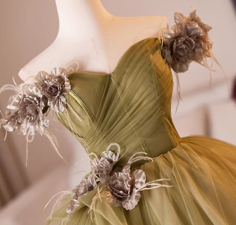 Modern Off-Shoulder A-Line Tulle Sweet 16th Dresses Handmade Flowers Prom Dress AP5230