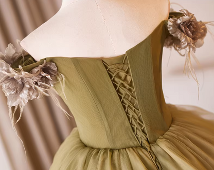 Modern Off-Shoulder A-Line Tulle Sweet 16th Dresses Handmade Flowers Prom Dress AP5230