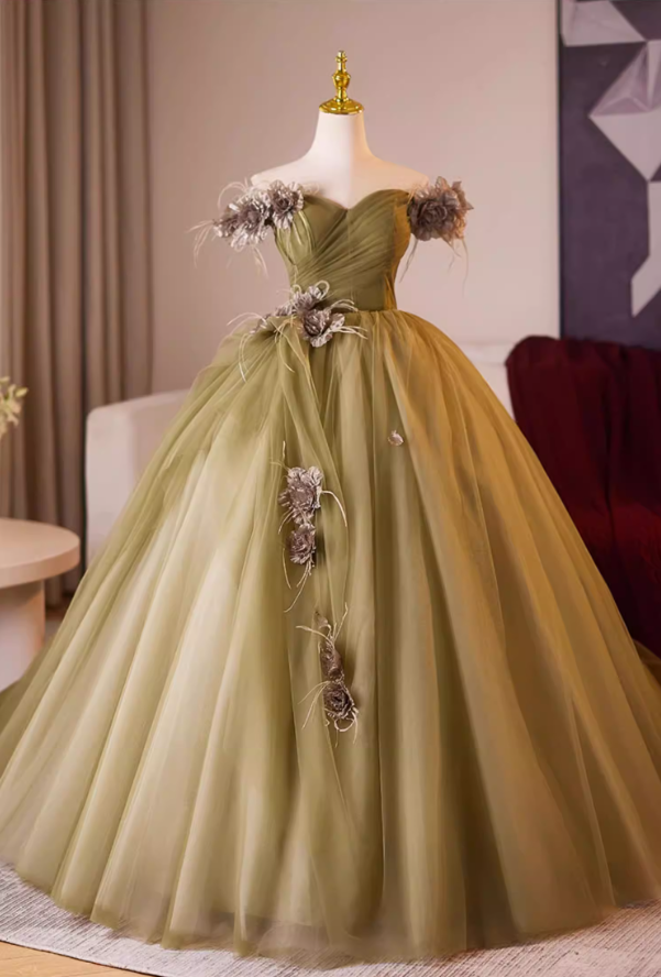 Modern Off-Shoulder A-Line Tulle Sweet 16th Dresses Handmade Flowers Prom Dress AP5230