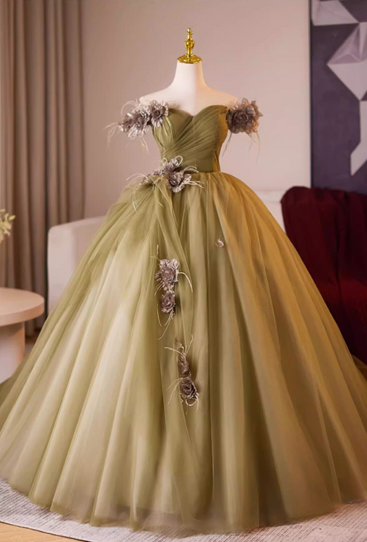 Modern Off-Shoulder A-Line Tulle Sweet 16th Dresses Handmade Flowers Prom Dress AP5230
