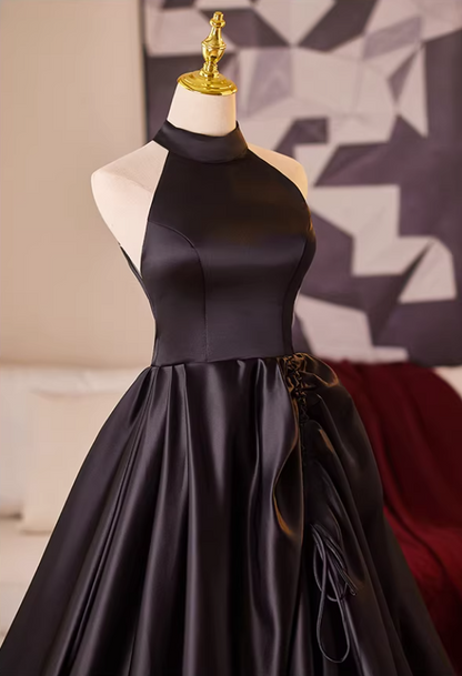 Princess Halter Neck Gathered A-Line Black Sweet 16 Gowns Backless Black Satin Prom Dress AP5231