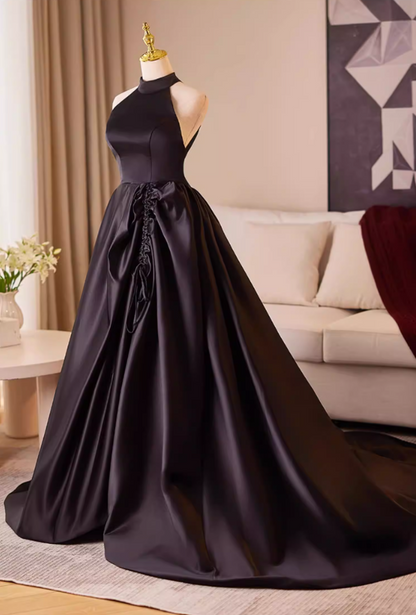 Princess Halter Neck Gathered A-Line Black Sweet 16 Gowns Backless Black Satin Prom Dress AP5231