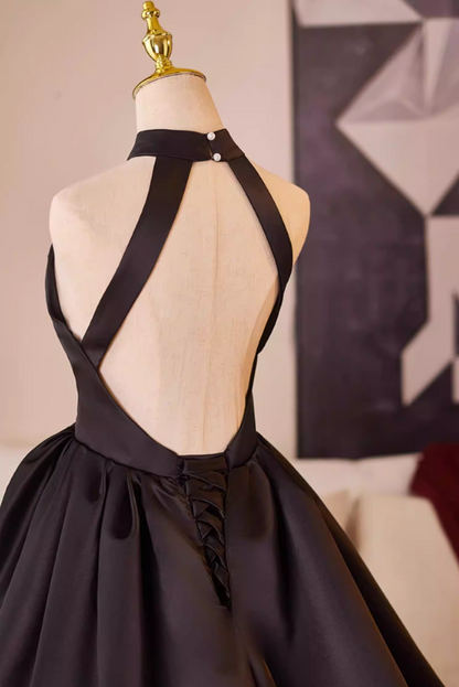 Princess Halter Neck Gathered A-Line Black Sweet 16 Gowns Backless Black Satin Prom Dress AP5231