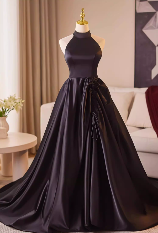 Princess Halter Neck Gathered A-Line Black Sweet 16 Gowns Backless Black Satin Prom Dress AP5231