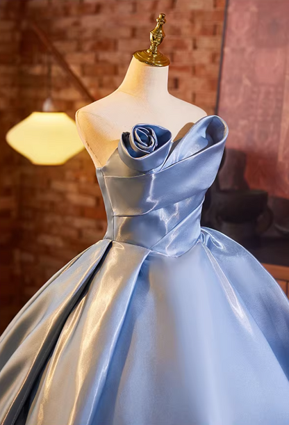 Pretty Strapless A-Line Satin Sweet 16th Gowns Handmade Flowers Prom Dress AP5232
