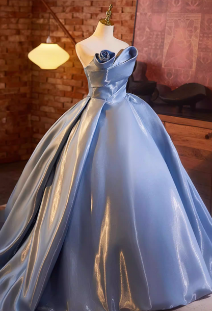 Pretty Strapless A-Line Satin Sweet 16th Gowns Handmade Flowers Prom Dress AP5232