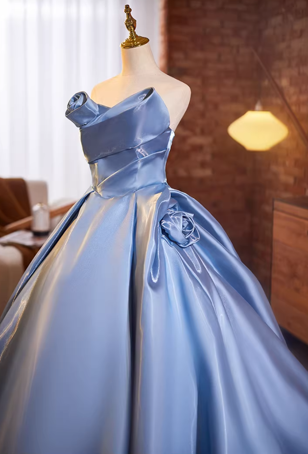 Pretty Strapless A-Line Satin Sweet 16th Gowns Handmade Flowers Prom Dress AP5232