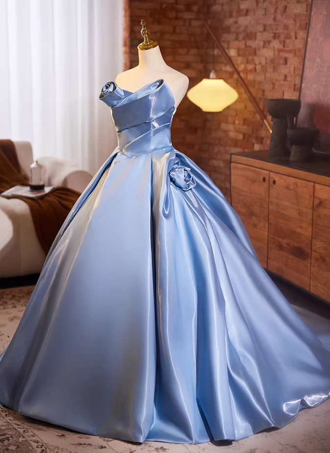 Pretty Strapless A-Line Satin Sweet 16th Gowns Handmade Flowers Prom Dress AP5232