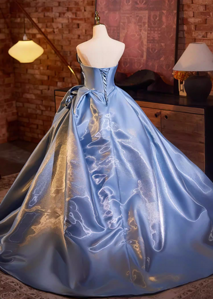 Pretty Strapless A-Line Satin Sweet 16th Gowns Handmade Flowers Prom Dress AP5232