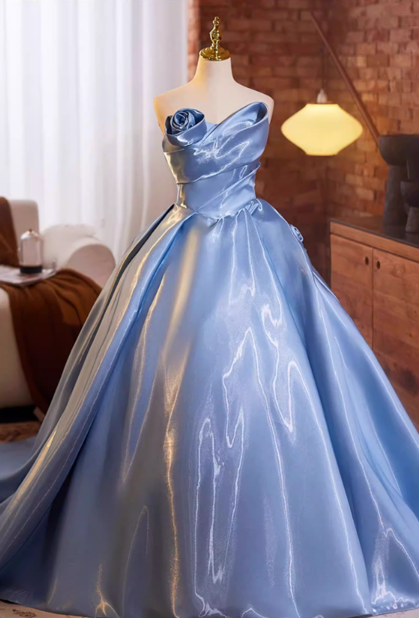 Pretty Strapless A-Line Satin Sweet 16th Gowns Handmade Flowers Prom Dress AP5232