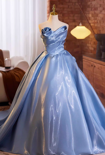 Pretty Strapless A-Line Satin Sweet 16th Gowns Handmade Flowers Prom Dress AP5232