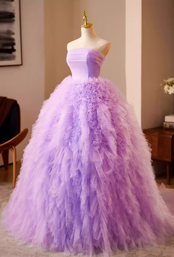Maximalism Strapless A-Line Sweet 16th Gowns Purple Ruffled Tulle Prom Dress AP5233