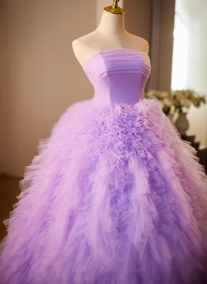 Maximalism Strapless A-Line Sweet 16th Gowns Purple Ruffled Tulle Prom Dress AP5233