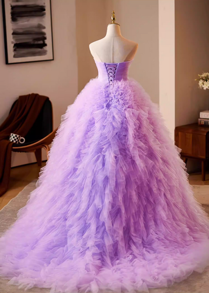 Maximalism Strapless A-Line Sweet 16th Gowns Purple Ruffled Tulle Prom Dress AP5233
