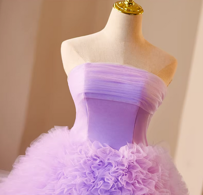 Maximalism Strapless A-Line Sweet 16th Gowns Purple Ruffled Tulle Prom Dress AP5233