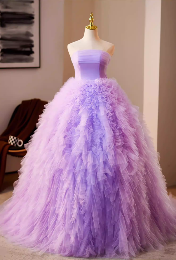 Maximalism Strapless A-Line Sweet 16th Gowns Purple Ruffled Tulle Prom Dress AP5233
