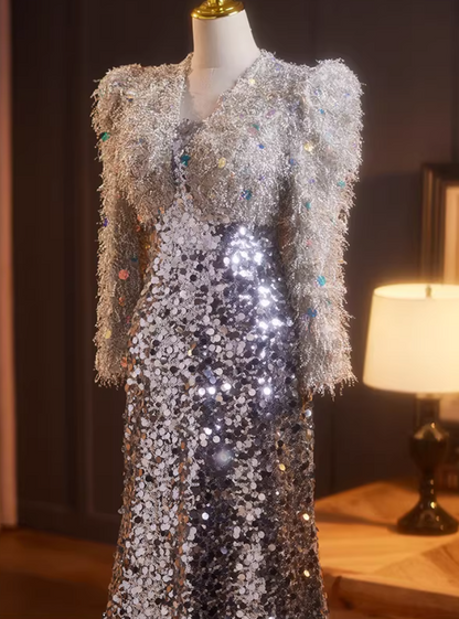 Hot Girls Long Sleeve Strapless Evening Dress Sequins Fur Mermaid Prom Dress AP5236