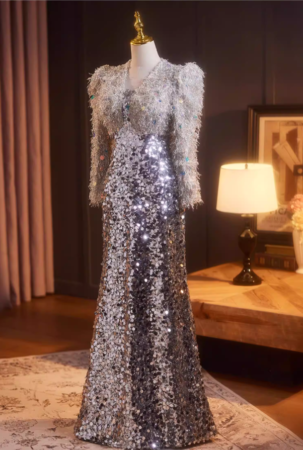 Hot Girls Long Sleeve Strapless Evening Dress Sequins Fur Mermaid Prom Dress AP5236