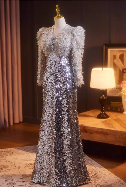 Hot Girls Long Sleeve Strapless Evening Dress Sequins Fur Mermaid Prom Dress AP5236