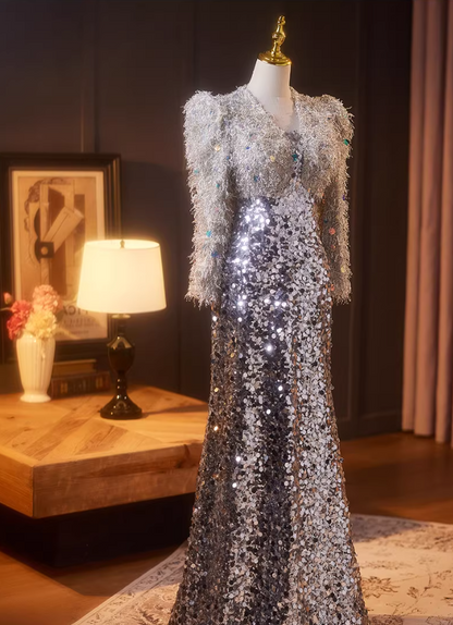 Hot Girls Long Sleeve Strapless Evening Dress Sequins Fur Mermaid Prom Dress AP5236