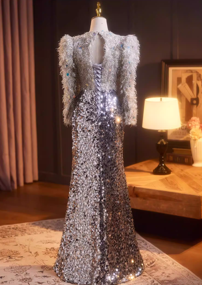 Hot Girls Long Sleeve Strapless Evening Dress Sequins Fur Mermaid Prom Dress AP5236