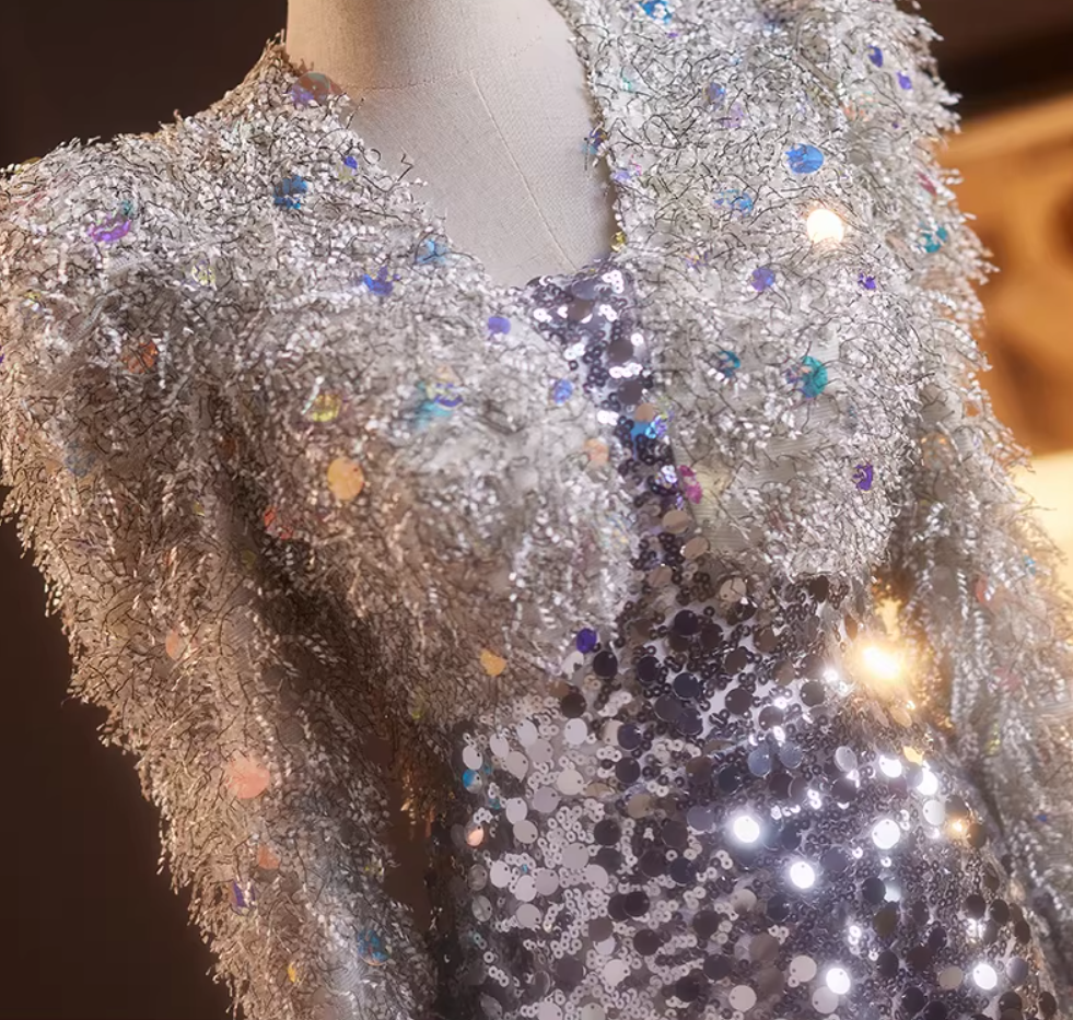 Hot Girls Long Sleeve Strapless Evening Dress Sequins Fur Mermaid Prom Dress AP5236