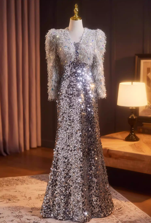 Hot Girls Long Sleeve Strapless Evening Dress Sequins Fur Mermaid Prom Dress AP5236