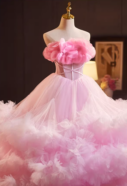 Gen Z Style Strapless A-Line Sweet 16th Gowns Ruffles Tulle Pink Handmade Flowers Prom Dress AP5237